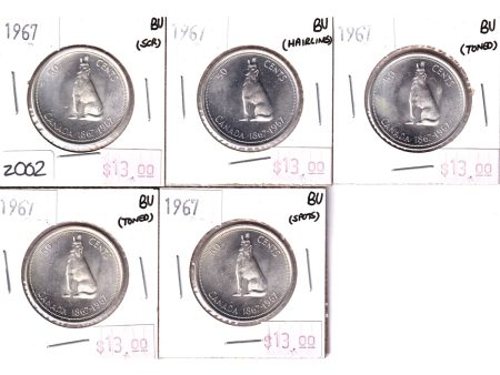 Lot of 5x 1967 Canada 50-cents BU (MS-63) impaired. 5pcs Supply