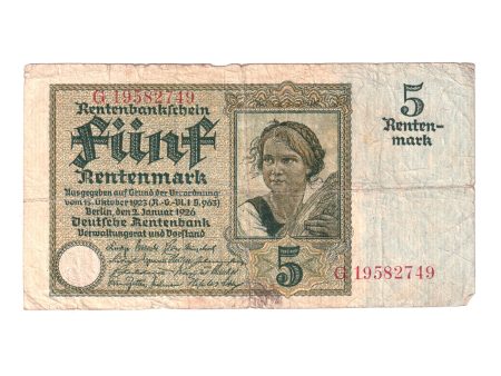 Germany Pick #169 1926 5-Rentenmark Note, Very Good (VG-8) Damaged Online now