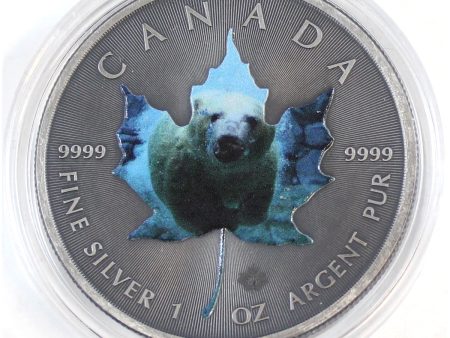 Unique 2015 Antiqued Polar Bear $5 Silver Maple Leaf with coloured depiction (No Tax) Online now