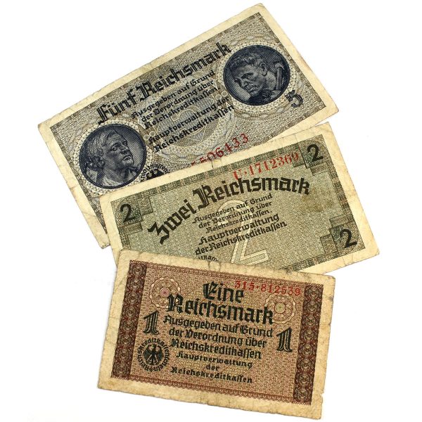 WWII Germany Paper Money 1,2 & 5 Reichsmark. 3pcs Supply