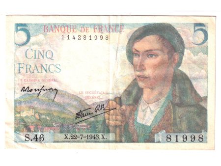 France Note, 1943 5 Francs, Extra Fine (EF-40) Tears Cheap