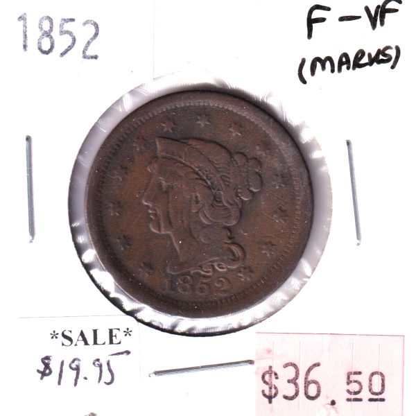 1852 USA 1-Cent, F-VF (Marks) Discount