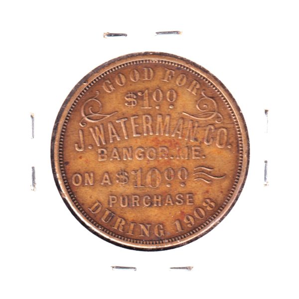 1908 J. Waterman Co., Bangor, Maine, 40th Ann. $1 Off Token - Profile of G. Washington Fashion