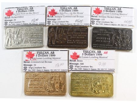 Lot of 1999 Vulcan, AB $5 Commemorative Moon Landing Bars in various metals. 5pcs Online Hot Sale