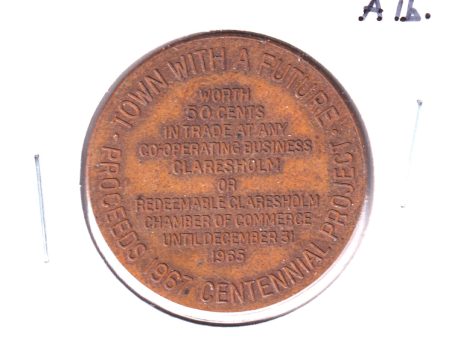 1965 Claresholm, Alberta, Diamond Jubilee 50-cent Trade Token (Light Corrosion) Hot on Sale