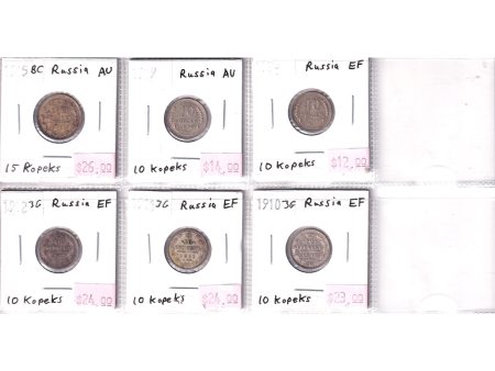 Lot of 6x Russia 1910-1930 10 & 15 Kopeks Extra Fine (EF-40) or AU (AU-50), 6Pcs For Sale