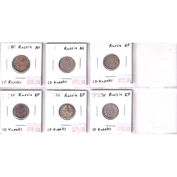 Lot of 6x Russia 1910-1930 10 & 15 Kopeks Extra Fine (EF-40) or AU (AU-50), 6Pcs For Sale