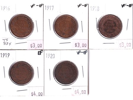 1916 to 1920 Canada Large 1cts VF-EF (VF-30). 5pcs Online Hot Sale