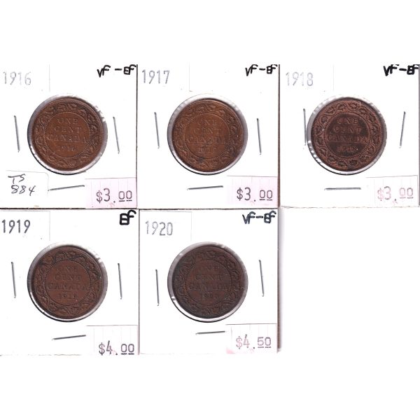 1916 to 1920 Canada Large 1cts VF-EF (VF-30). 5pcs Online Hot Sale