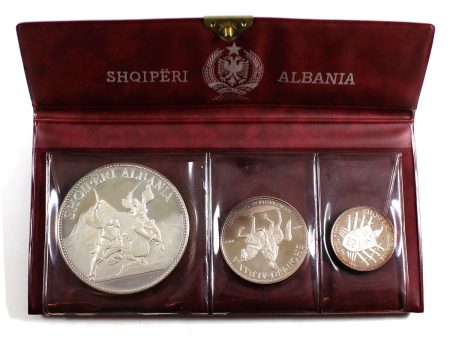 1968-1970 Albania 5, 10, and 25 Leke Silver Coins in Red Snake Skin Stamped Folder Online Hot Sale