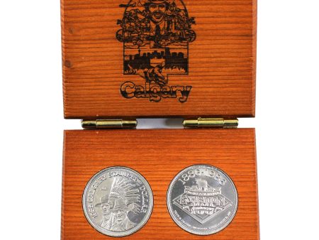 Pair of Calgary Stampede 1986 Centennial Trade Dollar Tokens, 2PCS in Wood Case For Cheap