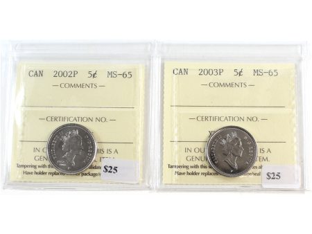 Pair of 2002P & 2003P Canada 5-Cents ICCS Certified MS-65, 2Pcs Fashion