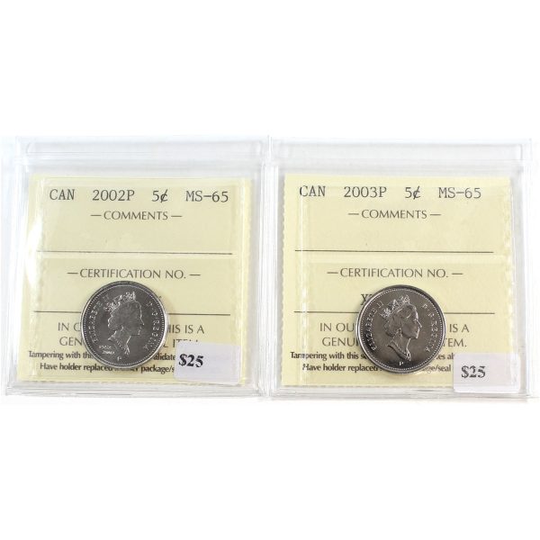 Pair of 2002P & 2003P Canada 5-Cents ICCS Certified MS-65, 2Pcs Fashion