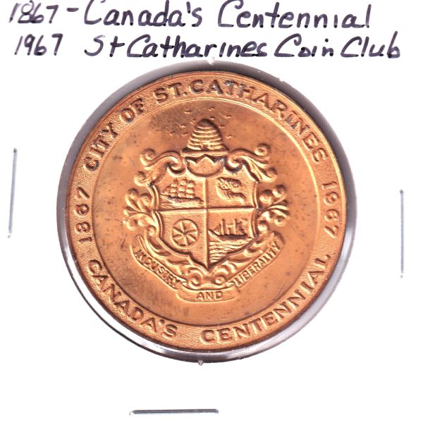 1967 St. Catharines, Ontario, Canada&apos;s Centennial Medallion: Coin Club (Lightly Toned) For Sale