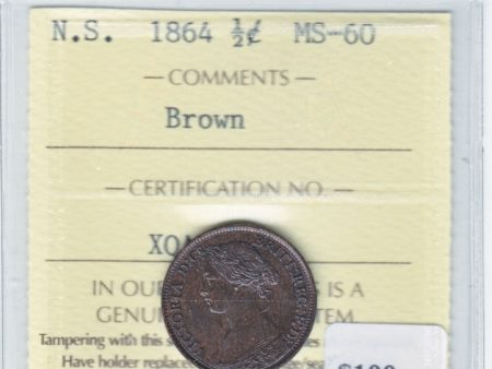 1864 Nova Scotia 1 2 cent ICCS Certified MS-60 Brown For Sale