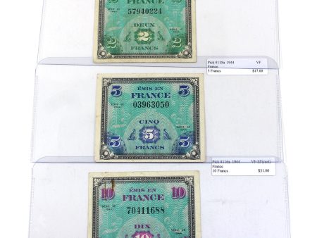 Lot of 3x France Notes, 1944 2, 5 & 10 Francs, VF or VF-EF, 3Pcs (2x Rust or Soiling) Supply