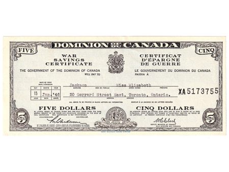 1946 Dominion of Canada $5 War Savings Certificate For Discount