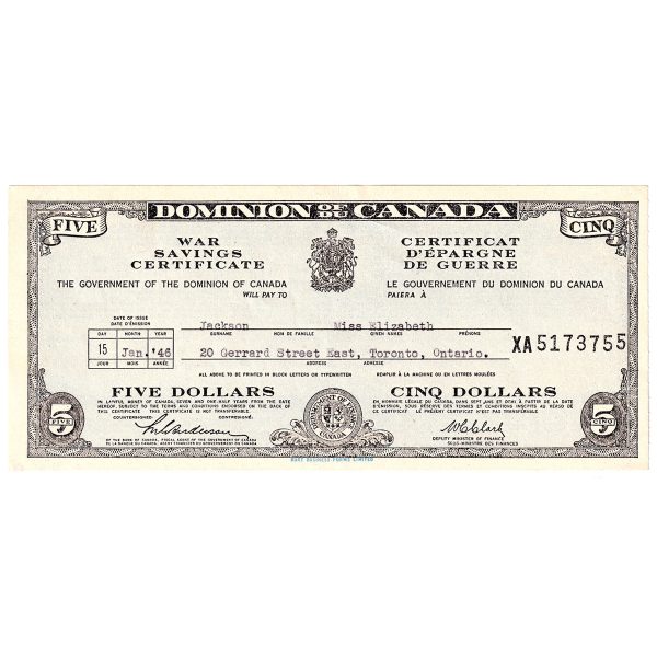 1946 Dominion of Canada $5 War Savings Certificate For Discount