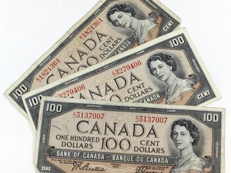 Lot of 3x 1954 Canada $100 Notes w  3 Different Signature Combos, Circ, 3Pcs (Issues) on Sale