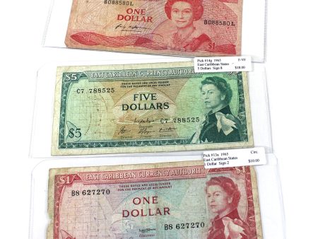 Lot of 3x East Caribbean States Notes, 1965 & 1985-88 $1 & $5, Circ or F-VF, 3Pcs Hot on Sale