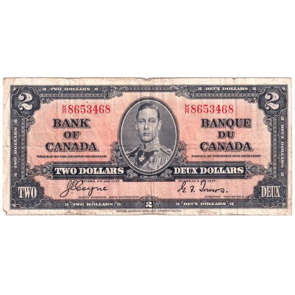 BC-22c 1937 Canada $2 Note, Coyne-Towers, Fine (F-12) Tears, writing, or impaired Supply