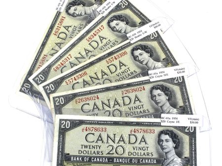 Lot of 5x BC-41a & b 1954 Canada $20 Notes, Very Fine to Extra Fine, 5Pcs (Damaged) Online now