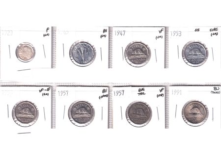 Lot of 8x 1920-1991 Canada 5-cents Circulated to BU (MS-63), 8Pcs (Impaired) Online Hot Sale