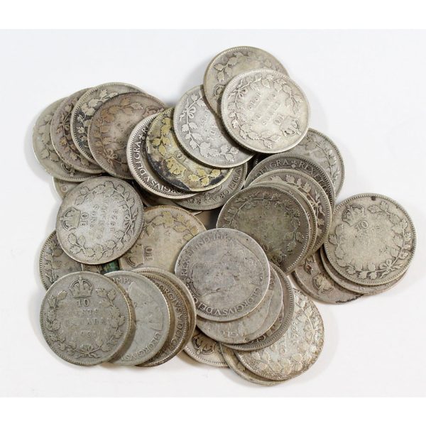 Mixed lot of Canada silver 10 cents 1936 and older. 50pcs. Mixed Dates For Discount