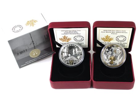 Pair of 2018 $20 WWI Hundred Days & France Fine Silver, 2Pcs (No Tax) Bent no sleeve Sale