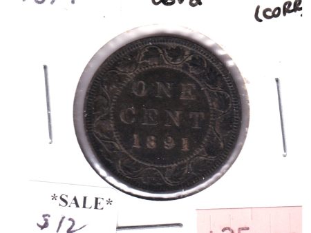 1891 LD LL Obverse 2 Canada 1-Cent, Very Fine (Corrosion) For Sale