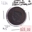 1834 Small 8 Large Stars Medium Letters USA 1-Cent, Good (Impaired) Online Sale