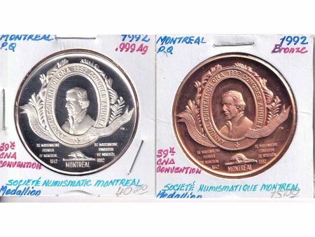 Pair of 1992 Canada Numismatic Association Montreal Convention Medallions. Impaired. Cheap