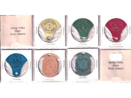 Set of 6x Spring Valley Dairy (Paris, Ontario) Coloured Milk Tokens, 6Pcs For Sale