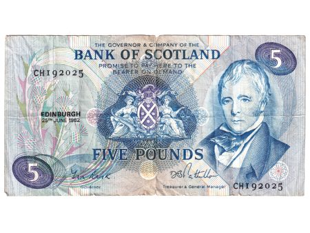 Scotland 1982 Bank of Scotland 5-pound Note, SC121e, F-VF (F-15) Tears Supply