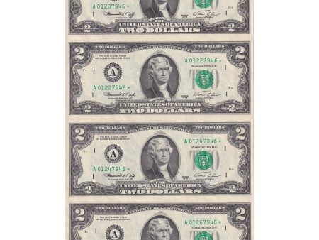 Uncut Sheet of 4x 1976 USA $2 Federal Reserve Star Notes, Boston, in Folder (Wave) Sale