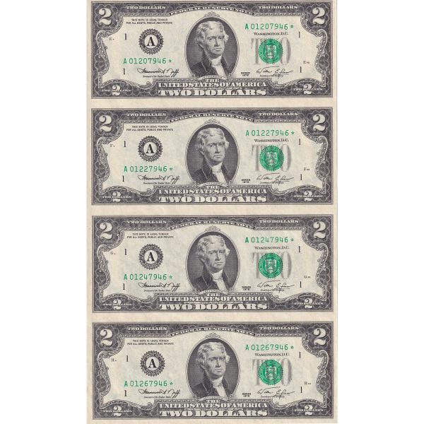 Uncut Sheet of 4x 1976 USA $2 Federal Reserve Star Notes, Boston, in Folder (Wave) Sale