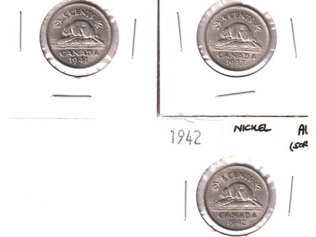 Lot of 3x 1937, 1941 & 1942 Canada 5-cents, AU or AU-UNC, 3Pcs (Scratched) Online Sale