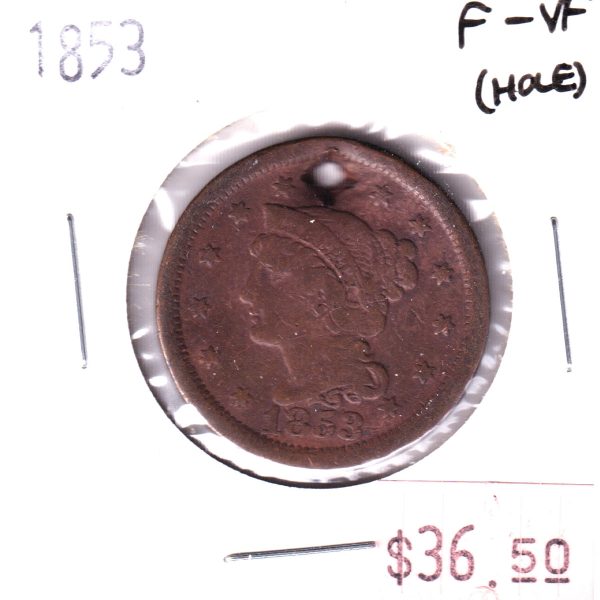 1853 USA Penny, F-VF (Hole) Cheap