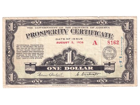 1936 Province of Alberta $1 Prosperity Certificate with 1 Stamp Fashion