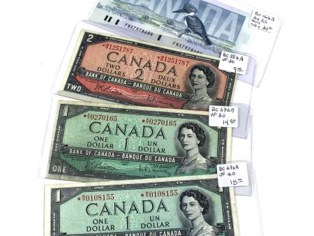 Lot of 4x 1954 & 1986 Canada $1, $2 & $5 Notes, Very Fine to AU-UNC, 4Pcs Supply