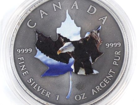 Unique 2015 Antiqued Bald Eagles $5 Silver Maple Leaf with coloured depiction (No Tax) Supply