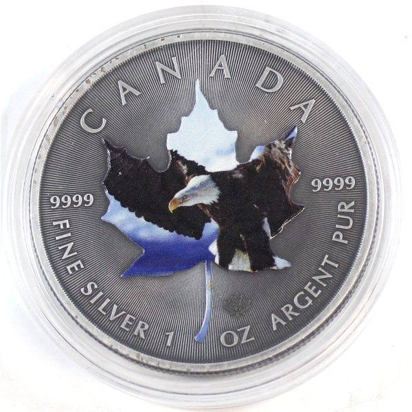 Unique 2015 Antiqued Bald Eagles $5 Silver Maple Leaf with coloured depiction (No Tax) Supply