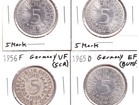 Lot of 4x Germany 1956, 1965, 1971 & 1973 5 Marks, Very Fine to BU, 4Pcs (Issues) Online Sale