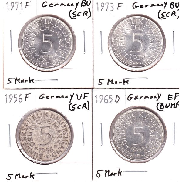 Lot of 4x Germany 1956, 1965, 1971 & 1973 5 Marks, Very Fine to BU, 4Pcs (Issues) Online Sale