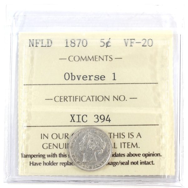 1870 Obv. 1 Newfoundland 5-cents ICCS Certified VF-20 For Discount