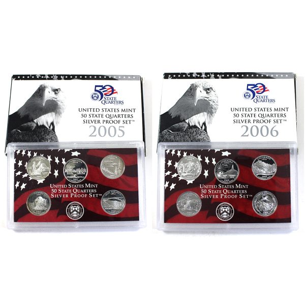 Pair of 2005 & 2006 S USA 50 State Quarters Silver Proof Sets, 2Pcs (Impaired) on Sale