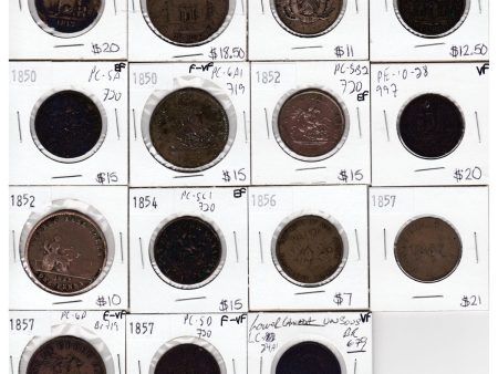 Tokens Ranging from 1844 to 1857. All Coins Attributed, Please View Images. 15Pcs. Cheap