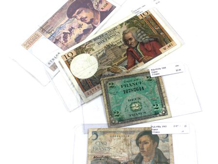 Lot of 5x Various France Notes, 1943-1997, Circ to VF-EF (VF-30), 5Pcs (1x Damaged) For Discount