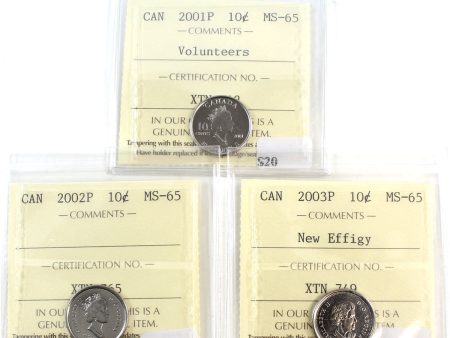 Lot of 2001P-2003P Canada 10-Cents ICCS Certified MS-65, 3Pcs on Sale