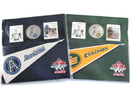 Pair of 2012 Canada 25-cent CFL Toronto & Edmonton Coin and Stamp Sets, 2Pcs (Crease) Online now